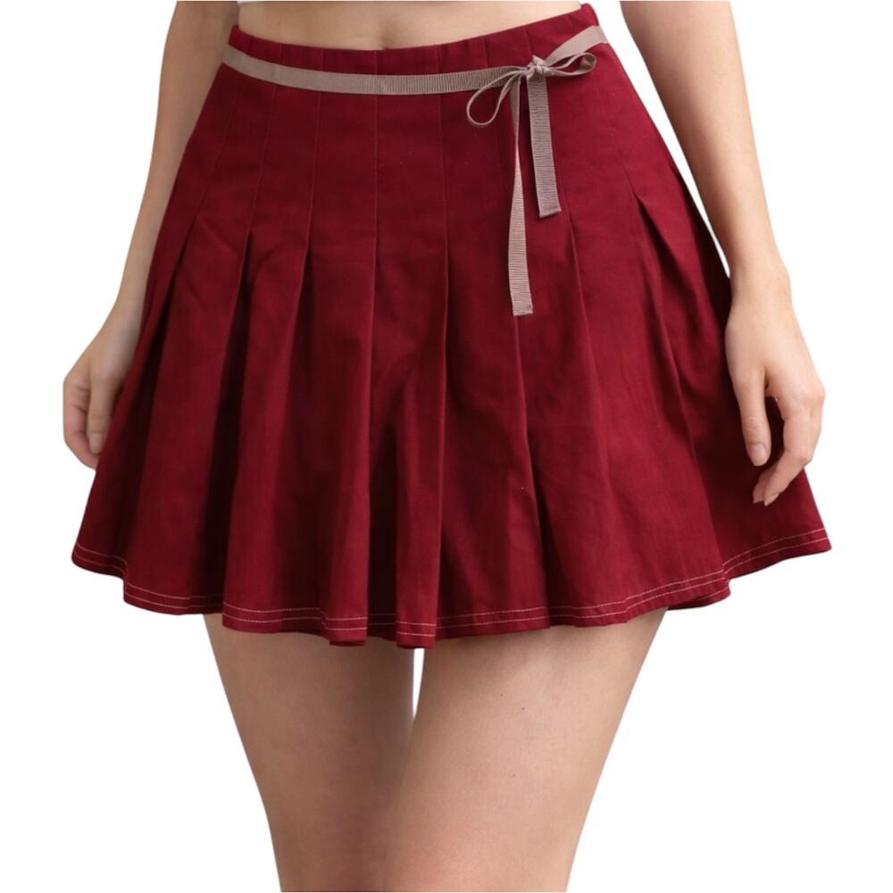 Sundance A Line Pleated Mini Skirt Bow Coquette 100% Cotton Tie Side Zip Red 6